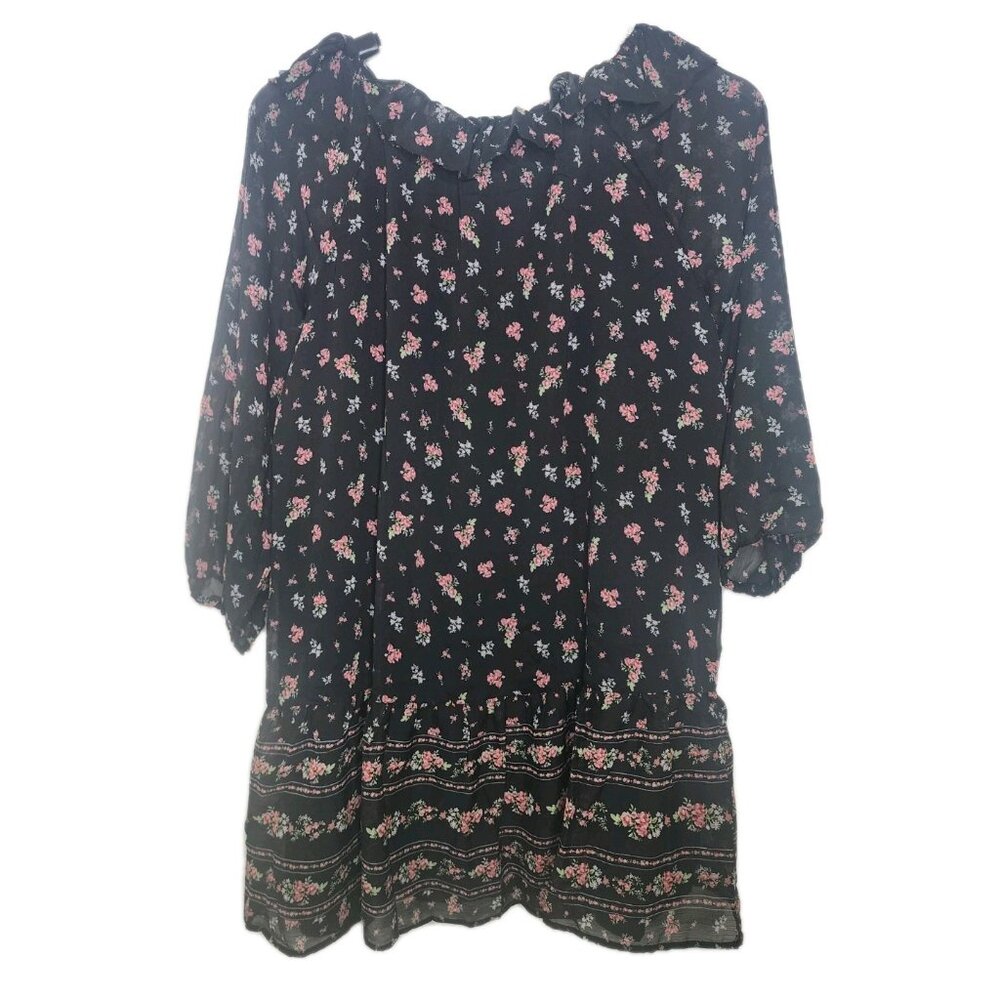 Old Navy x Anna Sui Chiffon Tiered Ruffle Mini Dress 3XL Black and Pink Floral - Picture 2 of 5
